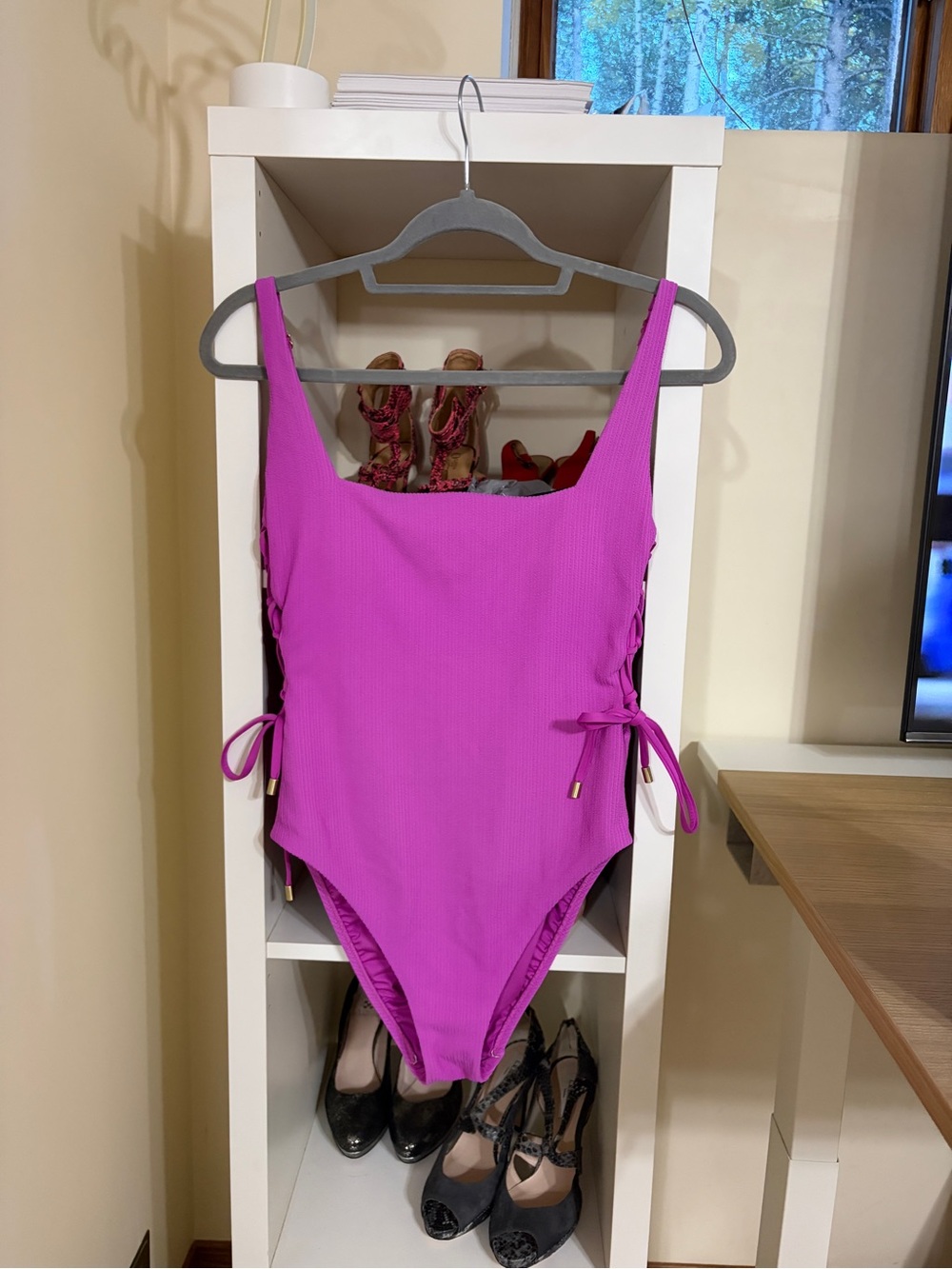 Anthropologie Sanctuary Fuchsia Ribbed One-Piece Swimsuit with Side Ties